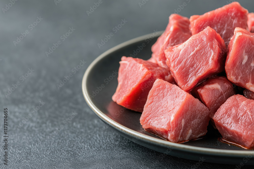 Pieces of raw meat on a plate on a dark background Pieces of raw meat on a plate on a dark background