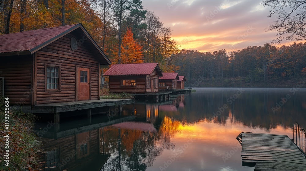 Fototapeta premium Cabin Retreat on Lakeside at Sunset