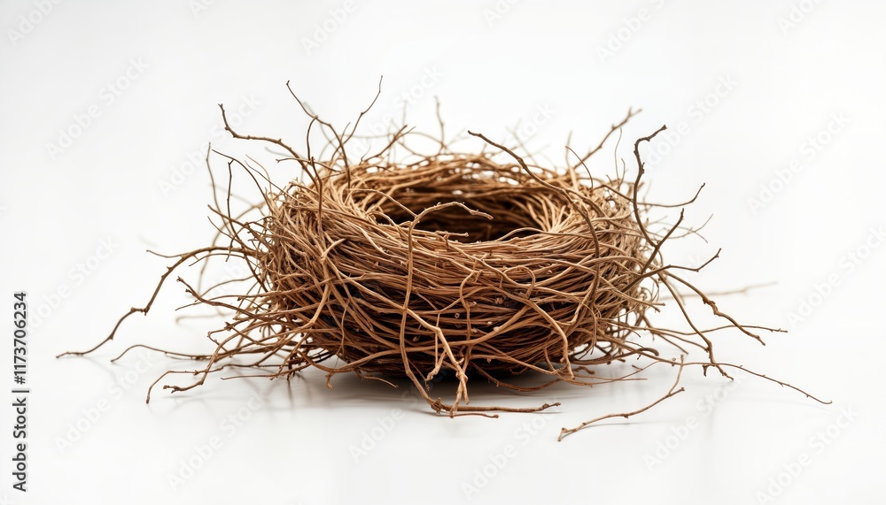 Obraz premium Dried plant nest on white background. Natural eco friendly decor. Intricate design of twigs, branches. Simple rustic style. Perfect for nature themed decor. Focus on detail, texture. Great for nature
