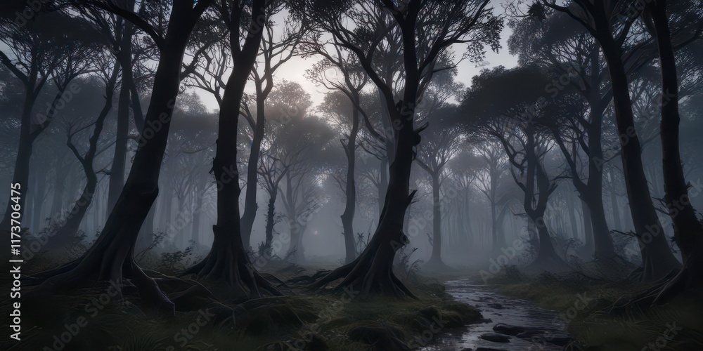 Mysterious forest at dusk with twisted dark wood trees and faint moonlight filtering through the canopy, twilight, night Mysterious forest at dusk with twisted dark wood trees and faint moonlight filtering through the canopy, twilight, night
