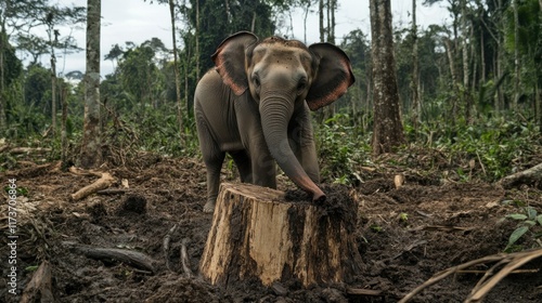 Young elephant in a deforested jungle, exploring a tree stump. photo