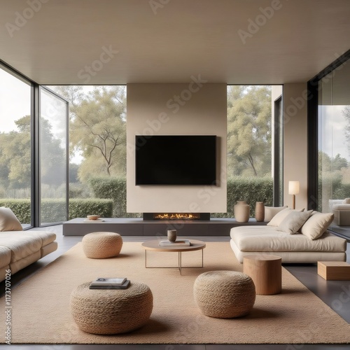 Salón moderno con chimenea bajo televisor y vistas a la naturaleza
