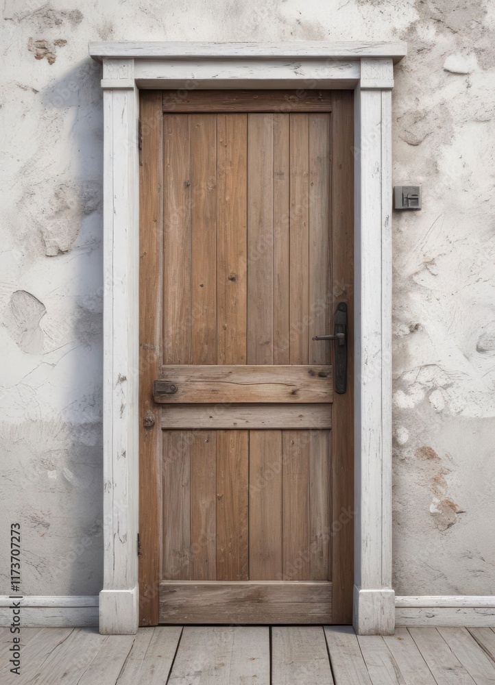 Fototapeta premium Old wooden door on weathered white wooden wall , wooden, interior