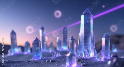 A landscape with towering crystalline structures shimmering in hues of blue and purple under a sky filled with strange celestial bodies