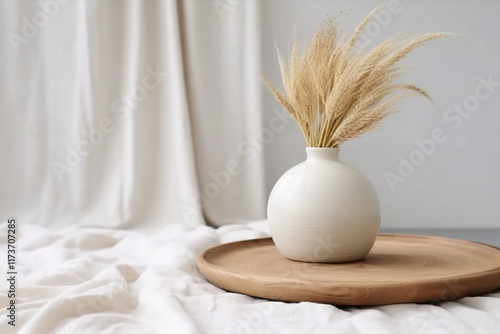 stylist and royal Modern white ceramic vase with dry Lagurus ovatus grass and marble tray on vintage photo