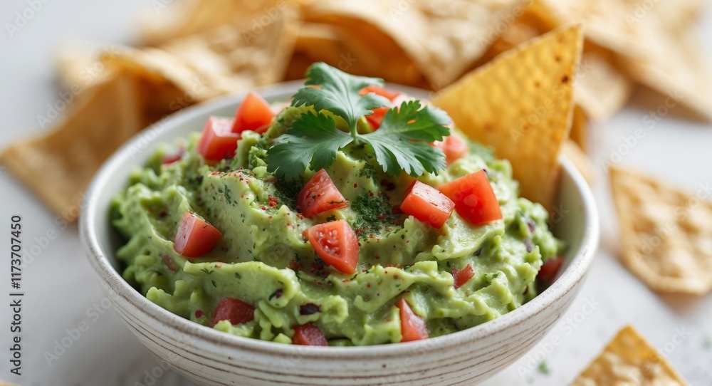 Fresh guacamole with diced tomatoes and cilantro served with crispy tortilla chips for a delightful snack experience Fresh guacamole with diced tomatoes and cilantro served with crispy tortilla chips for a delightful snack experience