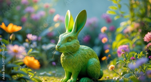 Green rabbit sculpture positioned in a lush garden surrounded by plants and flowers during daylight photo