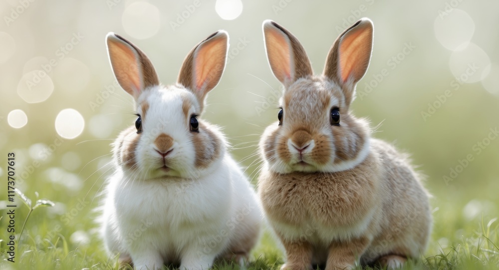 Fototapeta premium two rabbits sitting in the grass looking at the camera
