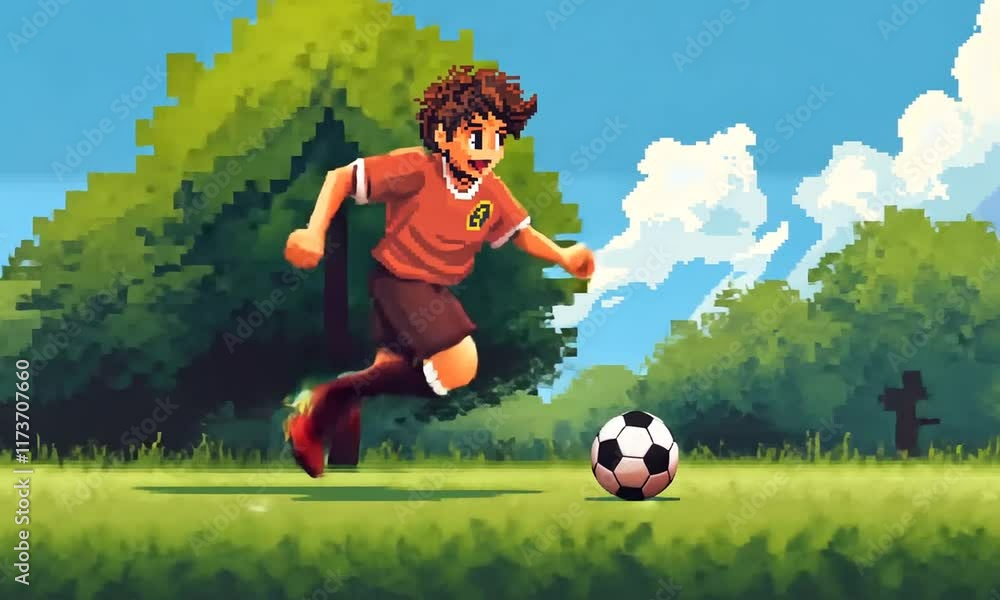 A pixel art soccer player kicking a ball in a field. A pixel art soccer player kicking a ball in a field.