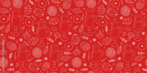 Mulled wine recipe. Drink glass with ingredients. Repeating pattern. Wine drink, spice linear icons. Cooking, winemaking. Seamless background.