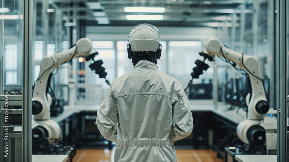 A male worker in overalls and a helmet controls the work of a robotic workshop. A male worker in overalls and a helmet controls the work of a robotic workshop.