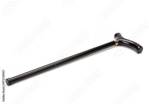 A high-quality, full shot of a black wooden walking cane against a pure white background photo