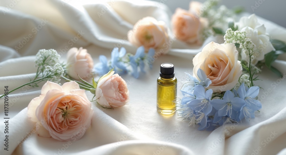 Relaxing flat lay of flowers and oil on soft fabric with a calming aesthetic Relaxing flat lay of flowers and oil on soft fabric with a calming aesthetic