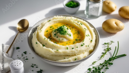 Culinary preparation of creamy mashed potatoes garnished with herbs and ingredients ready for a delicious side dish photo