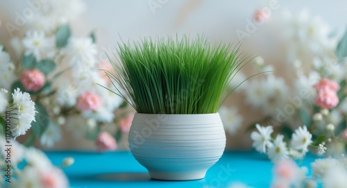 Decorative pot filled with vibrant green grass placed on a blue surface with floral background
