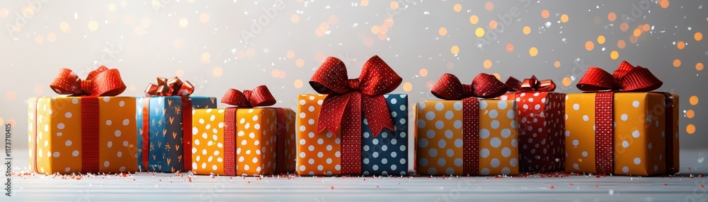 Obraz premium Colorful gift boxes with festive bows arranged in a row, creating a cheerful and celebratory atmosphere, perfect for holidays or special occasions.