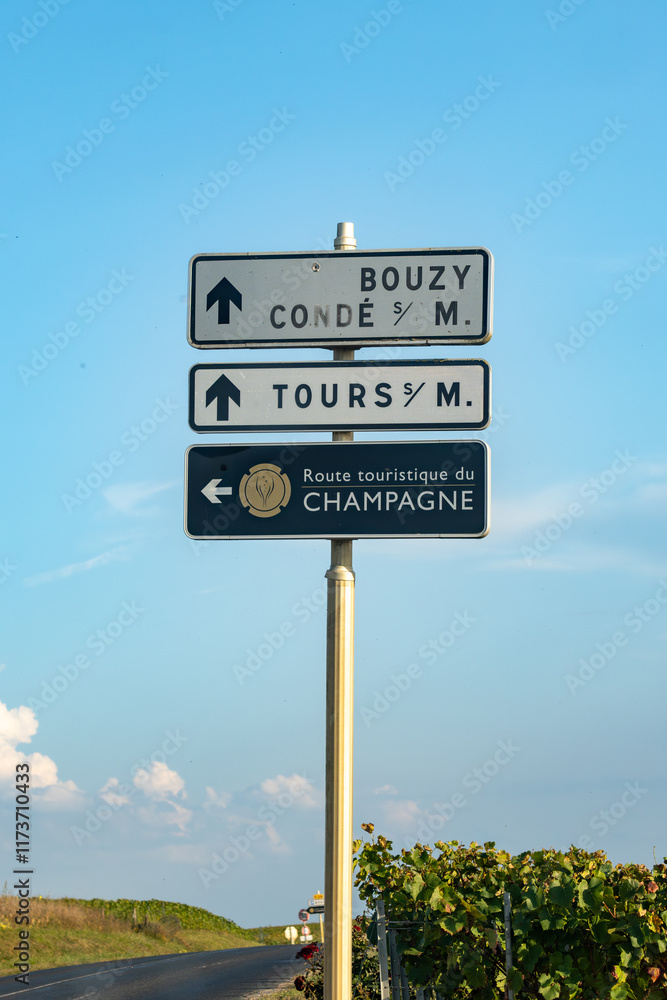 Obraz premium Road signes and places of destinations, Gran Cru villages, black road sign english translation: tourists route. Autumn in Champagne wine making region near Epernay, France. 