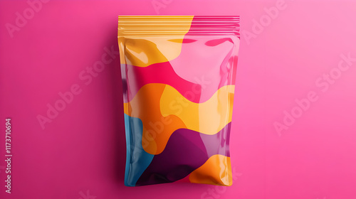 Colorful pouch bag mockup on pink background.  Abstract design.  Great for branding and packaging.