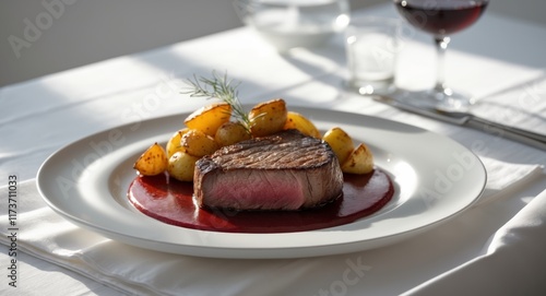 Elegant plated steak accompanied by roasted potatoes and sauce in a fine dining atmosphere photo