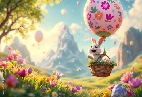 Easter bunny flying on hot air balloon in the shape of Easter egg over spring fairytale landscape. Egg hunt and aeronautics concept. For Easter celebration. Cartoon illustration for kids, children  photo