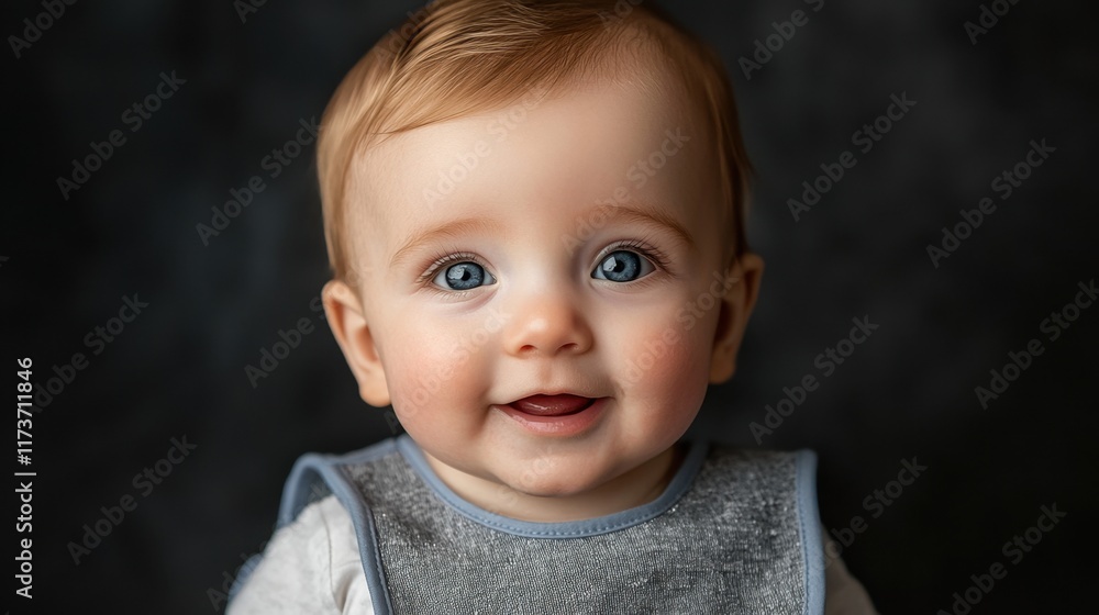 A baby with blue eyes and a smile on his face