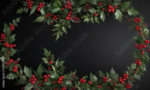 Wallpaper Mural Swirl ribbons and stars on black background with festive holly leaves and berries,  holiday decor,  star decorations Torontodigital.ca