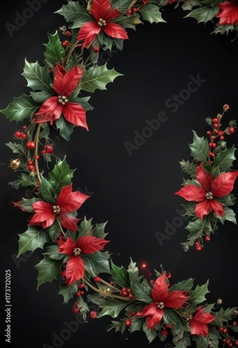 Wallpaper Mural Swirl ribbons with stars on black background with festive holly pattern ,  holiday banner,  holiday cheer Torontodigital.ca