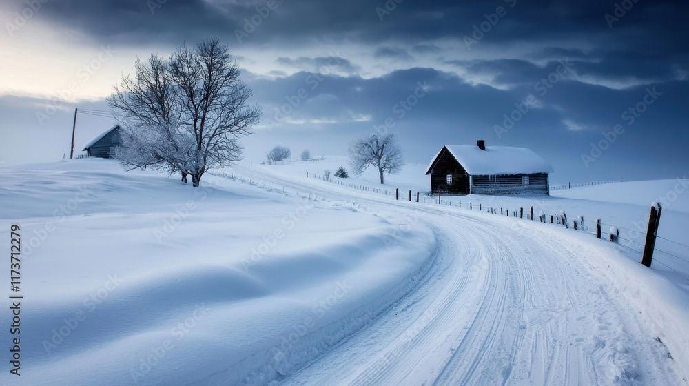 Obraz premium A snowy road with a house in the distance