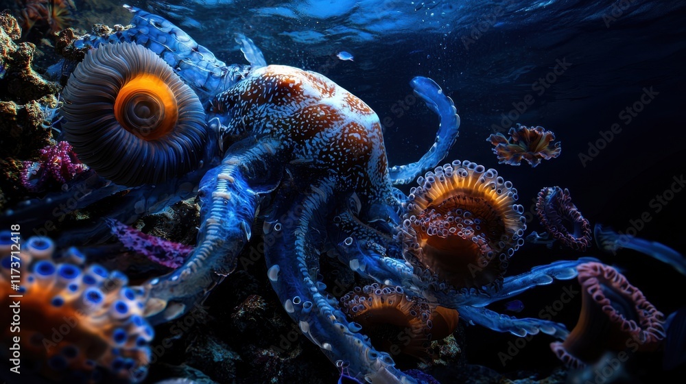 A blue octopus with orange spots is swimming in a coral reef A blue octopus with orange spots is swimming in a coral reef