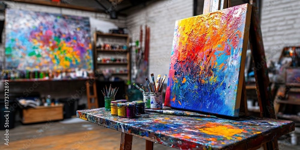 Obraz premium robot artist painting in art studio - ai art and ai artist for generative artificial intelligence