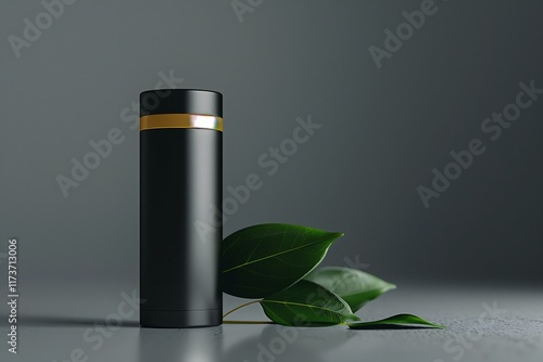 Wallpaper Mural elegant matte black mockup cosmetic bottle with green leaves Torontodigital.ca