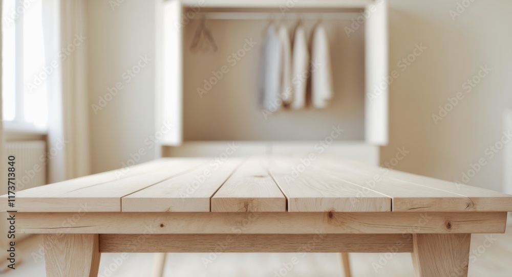 An empty wooden table with a blurred closet in background provides a perfect setting for displaying or showcasing your products in a room An empty wooden table with a blurred closet in background provides a perfect setting for displaying or showcasing your products in a room