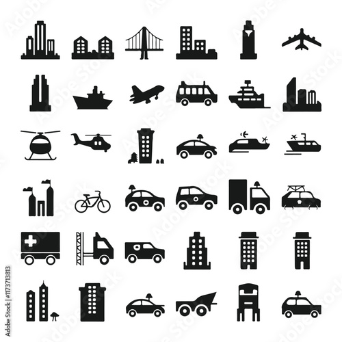Urban City Icons Set Skyscrapers, Vehicles, and Infrastructure