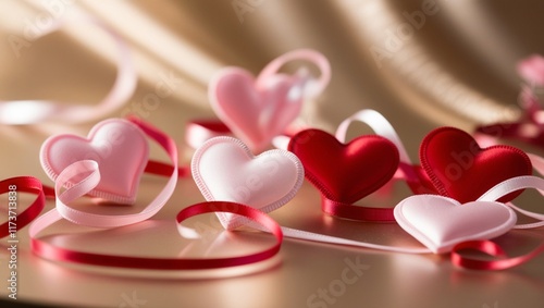 Red and pink hearts with satin ribbons on a golden background. Valentine's Day Banner. Greeting card, Valentine's Day invitation.
