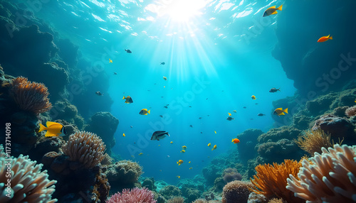 Radiant Reef: Sunlit Coral and Vivid Fish in a Serene Underwater Scene photo