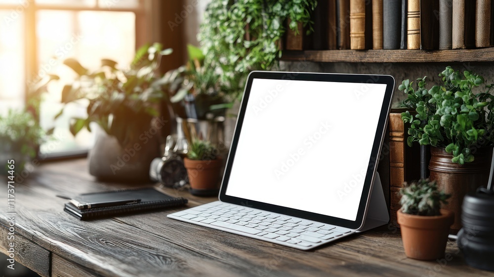 Tablet with blank screen on wooden desk with plants. Tablet with blank screen on wooden desk with plants.