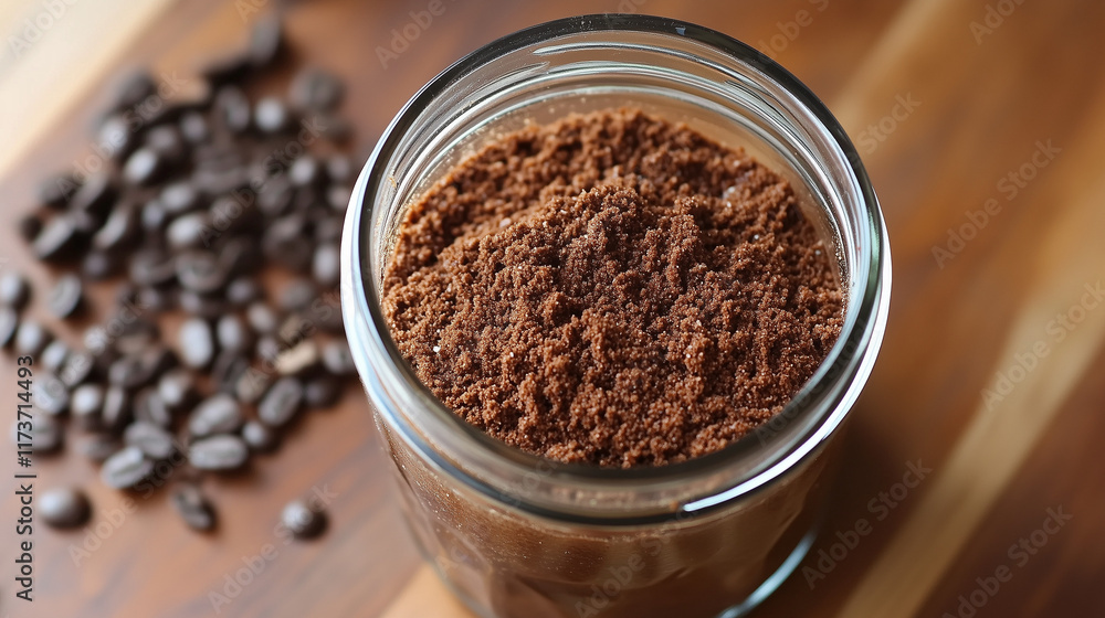 Coffee powder in glass jar with coffee beans on wooden background, copy space
Coffee powder in glass jar with coffee beans on wooden background, copy space
