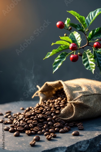 Coffee plant with fresh leaves and roasted beans in burlap sack on dark surface photo