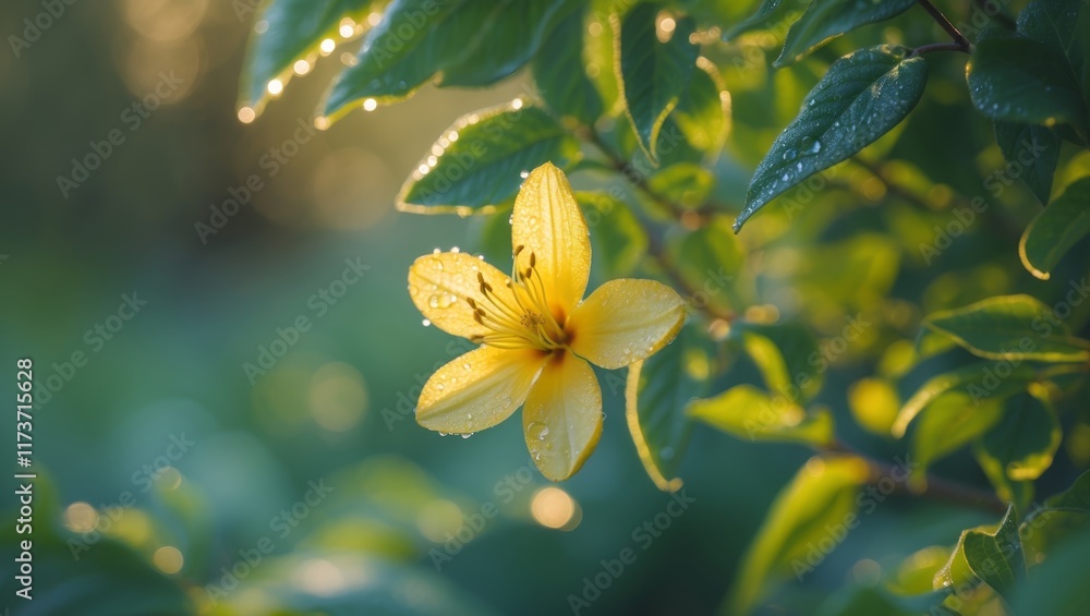 Fototapeta premium Dew Kissed Yellow Flower Blossom In Lush Green Foliage