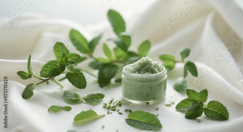 Fresh mint leaves and green herbal scrub arranged on a soft fabric background photo