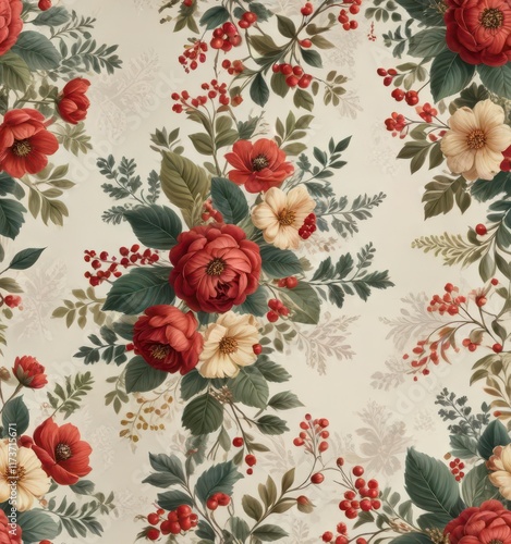Vintage-inspired floral patterns with ornaments and berries on a subtle background ,  vintage,  decorative