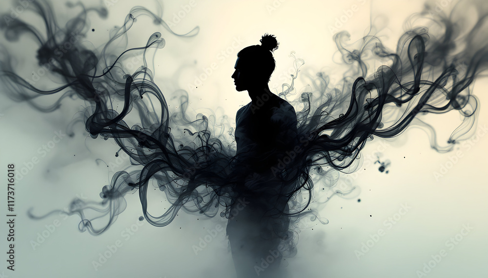 Fototapeta premium Silhouette Man Embracing Dark Ink: A Moody Artistic Visual