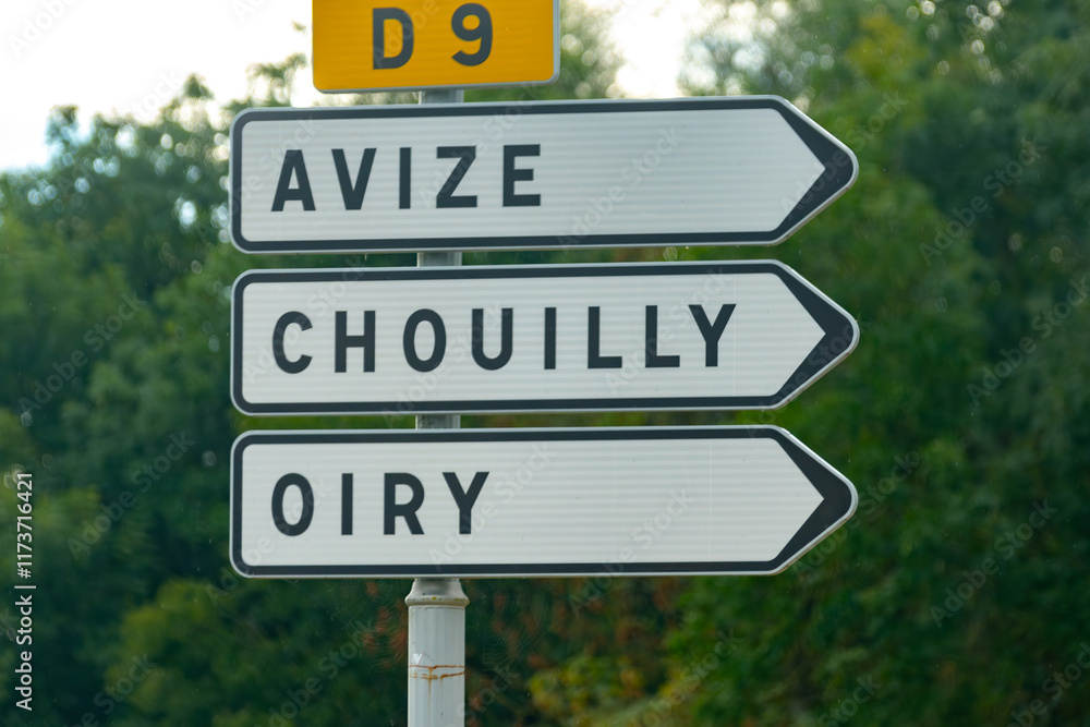 Road signes and places of destinations, Gran Cru villages, black road sign english translation. Autumn in Champagne wine making region near Epernay, France. Driving car in Champagne, Grand Est. Road signes and places of destinations, Gran Cru villages, black road sign english translation. Autumn in Champagne wine making region near Epernay, France. Driving car in Champagne, Grand Est.