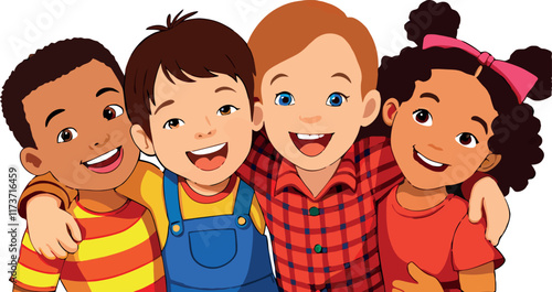 Four happy children smiling and embracing diversity