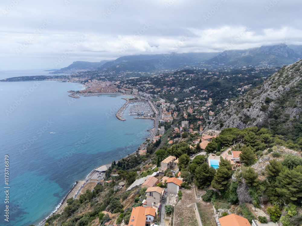 Obraz premium Aerial view on French Riviera, Menton, Monte-Carlo and Monaco and Mediterranean Sea from French-Italian border in Grimaldi village, Ventimiglia, travel destination, panoramic view from above