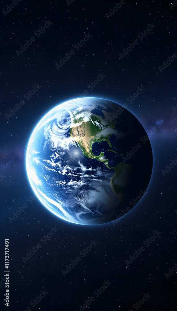 Naklejka premium Planet earth on starry space background: a cinematic scene for sci-fi and fantasy designs, enhance, with white tones