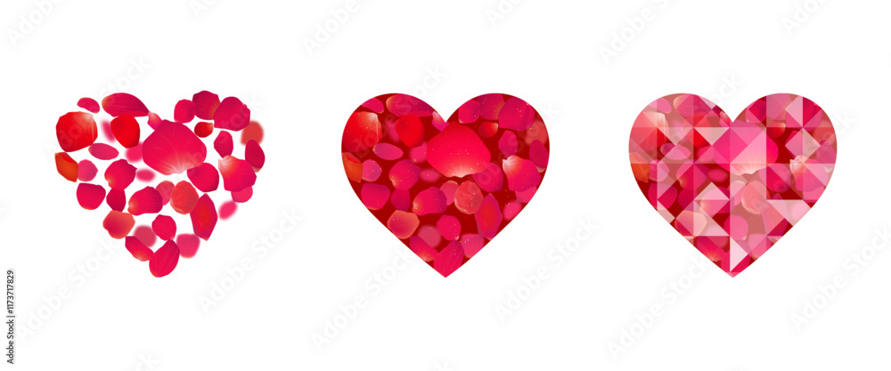 Red hearts on white background.Heart made with rose petals.Heart of diamond Red hearts on white background.Heart made with rose petals.Heart of diamond