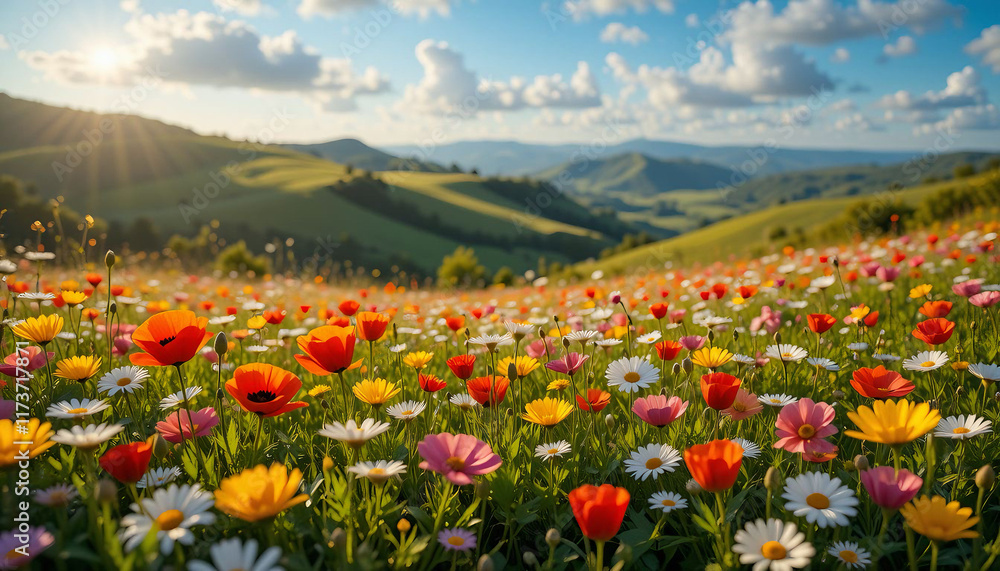 Colorful wildflowers blooming in a vibrant meadow during a stunning sunset, creating a picturesque landscape with rolling hills and a tranquil sky in the background. Colorful wildflowers blooming in a vibrant meadow during a stunning sunset, creating a picturesque landscape with rolling hills and a tranquil sky in the background.