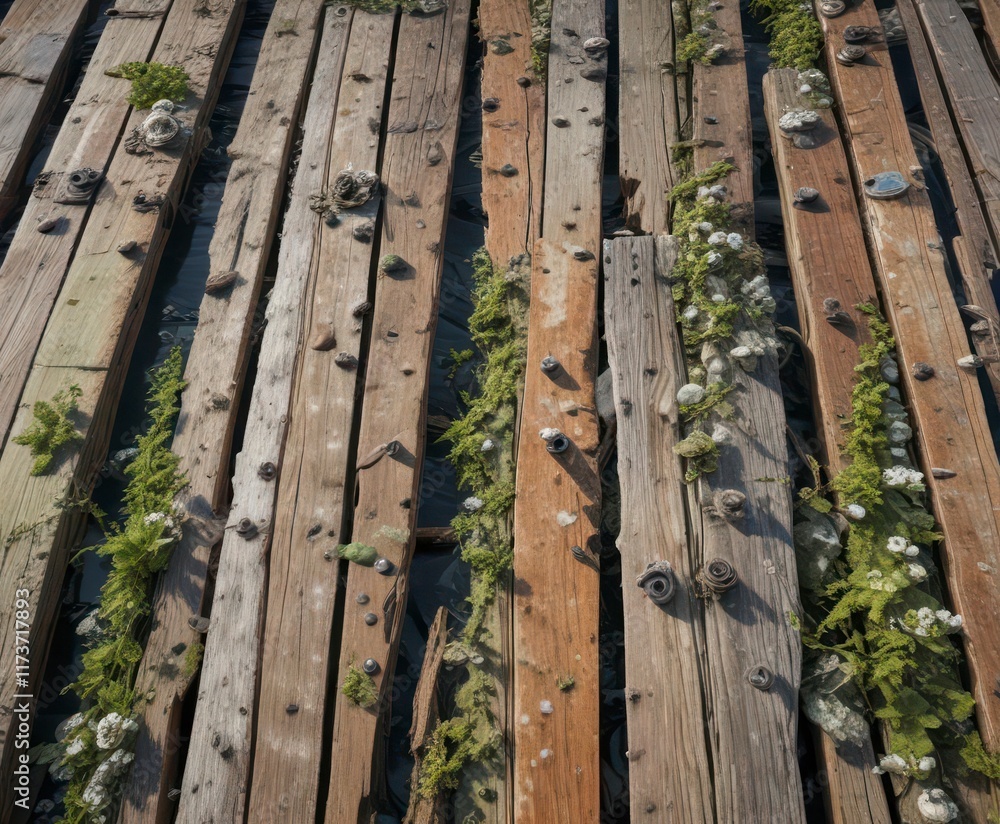 Fototapeta premium Weathered wooden planks with barnacles and algae, barnacles, outdoor