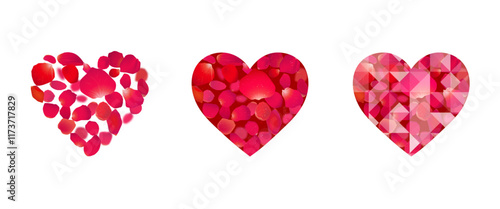 Red hearts on white background.Heart made with rose petals.Heart of diamond